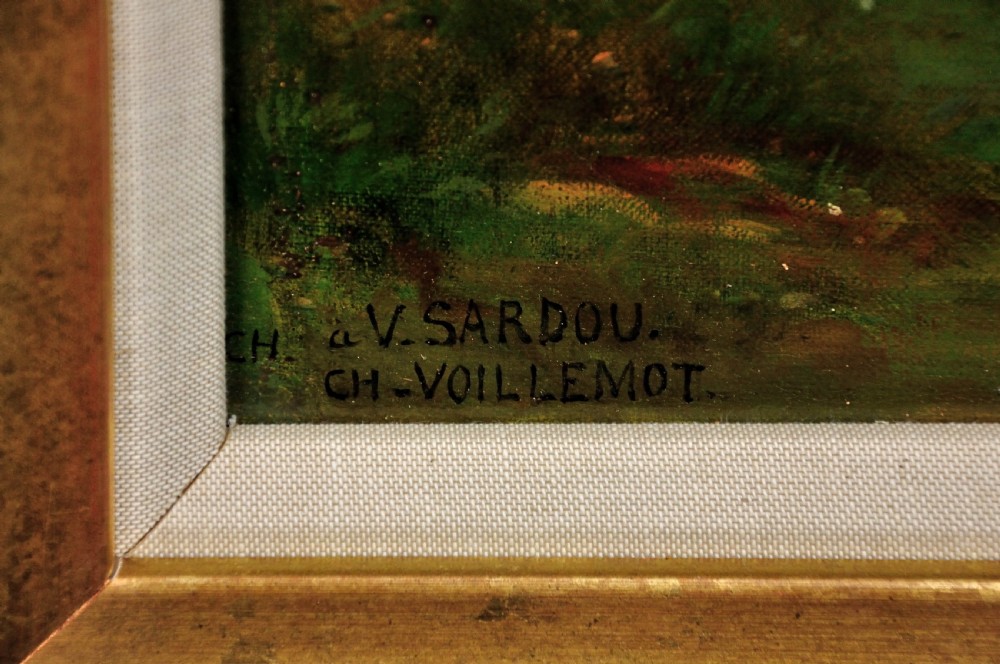 An oil painting set within a gold gilt frame depicting a female allegorical figure in white drapery surrounded by butterflies in a landscape. View III