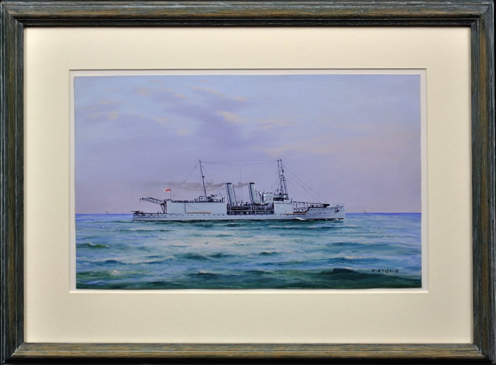 A framed maritime painting depicting the Royal Navy vessel HMS Nairana at sea under a light blue sky.