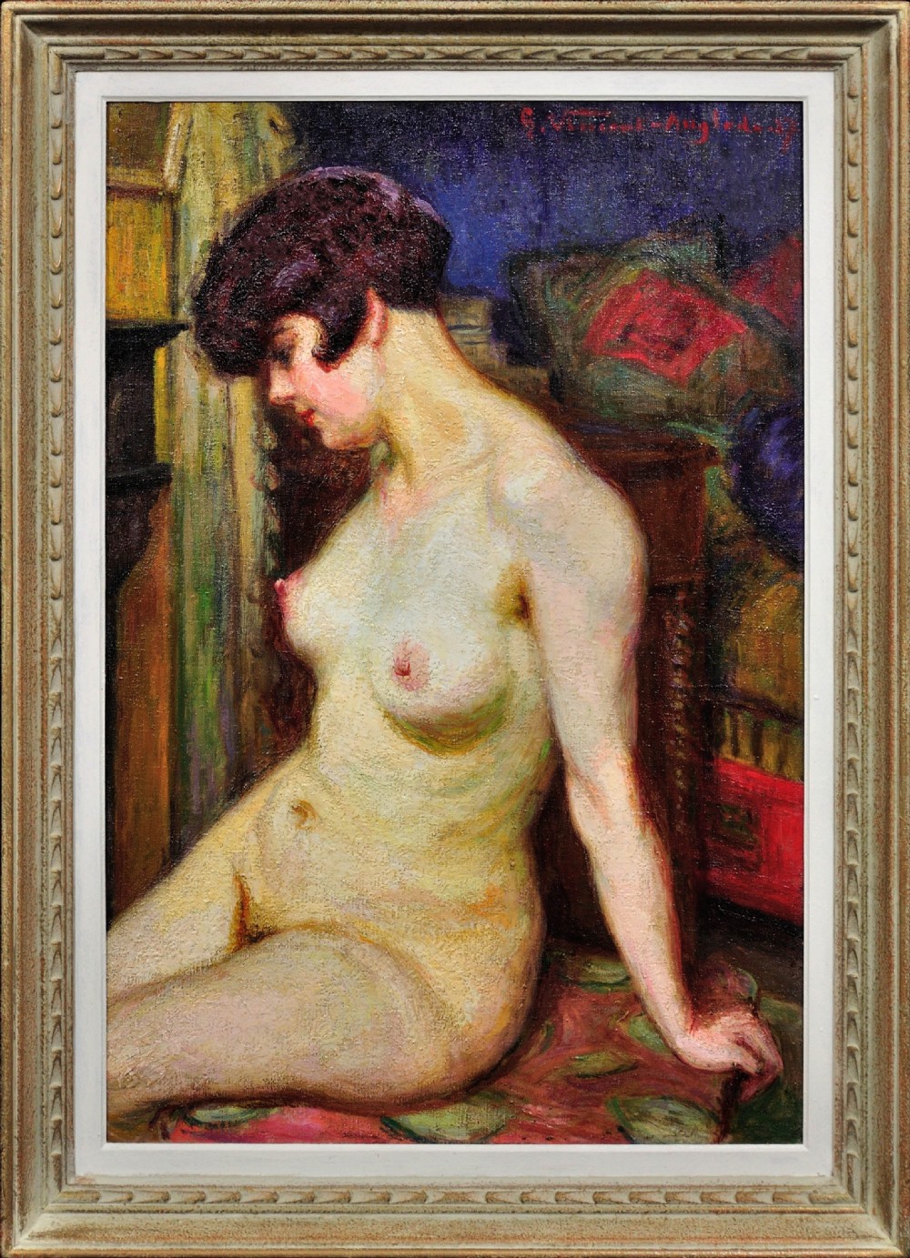A framed 1937 French Post-Impressionist oil painting on canvas depicting a seated female nude figure against a vibrant background.