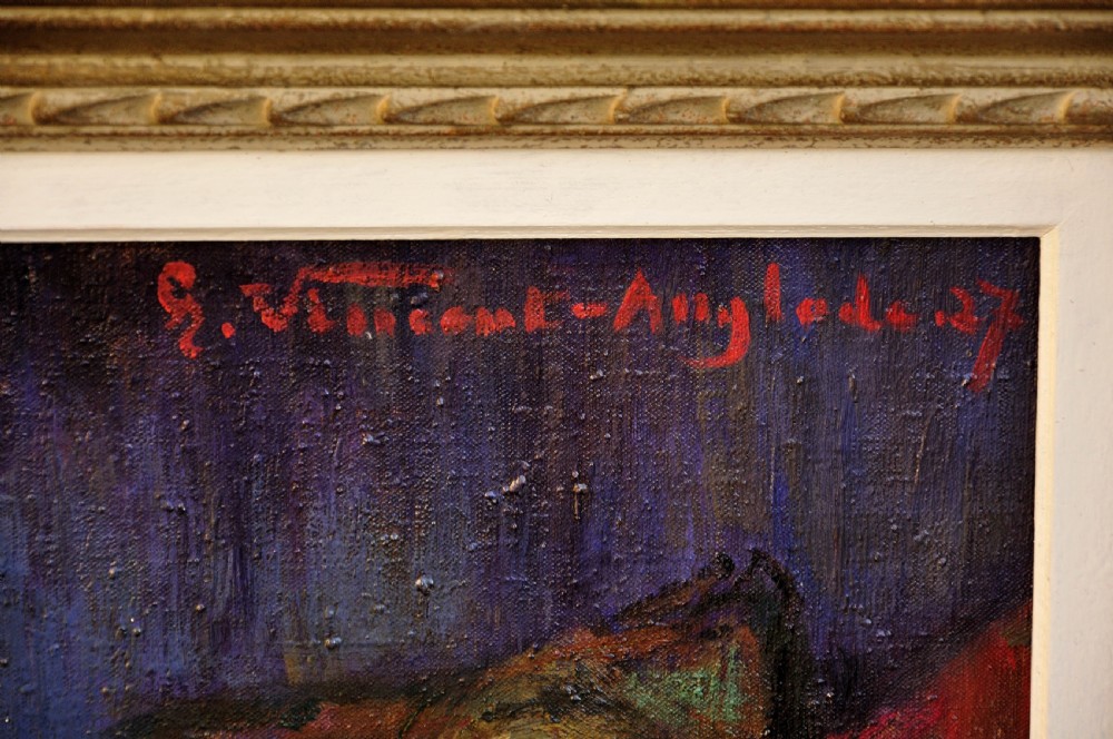 A framed 1937 French Post-Impressionist oil painting on canvas depicting a seated female nude figure against a vibrant background. View III