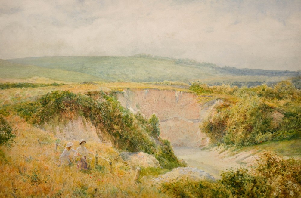 A framed Victorian watercolour painting depicting figures near a chalk quarry in the Sussex countryside, presented in a dark timber frame with a white mount. View II