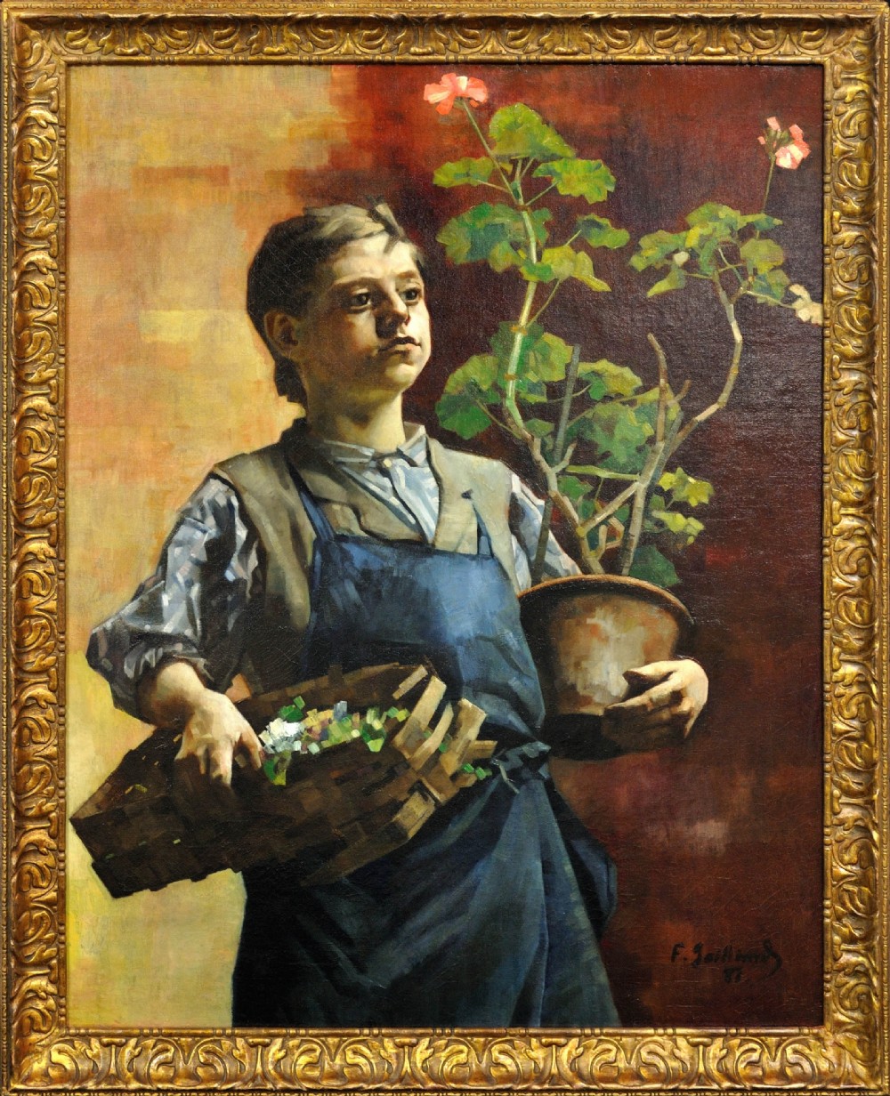 A nineteenth-century framed oil painting depicting a young boy in an apron holding a basket of flowers and a potted geranium against a back-lit background.