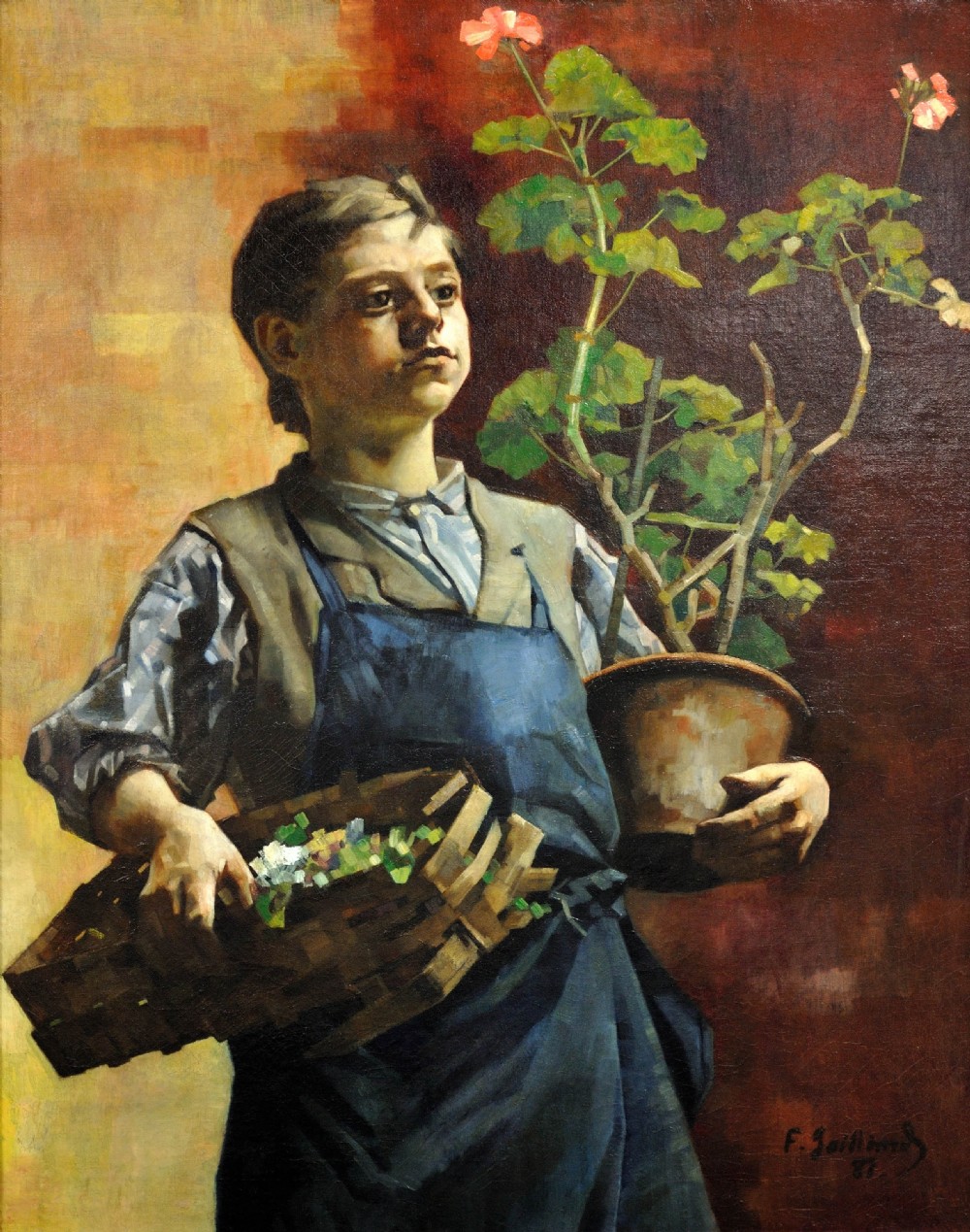 A nineteenth-century framed oil painting depicting a young boy in an apron holding a basket of flowers and a potted geranium against a back-lit background. View II