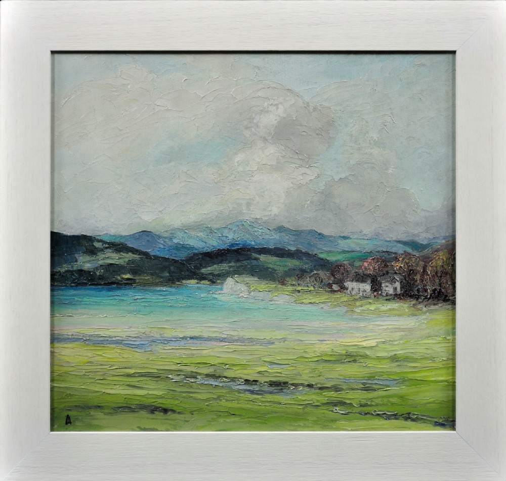 A square framed oil painting depicting a green countryside landscape and blue estuary under a cloudy sky.