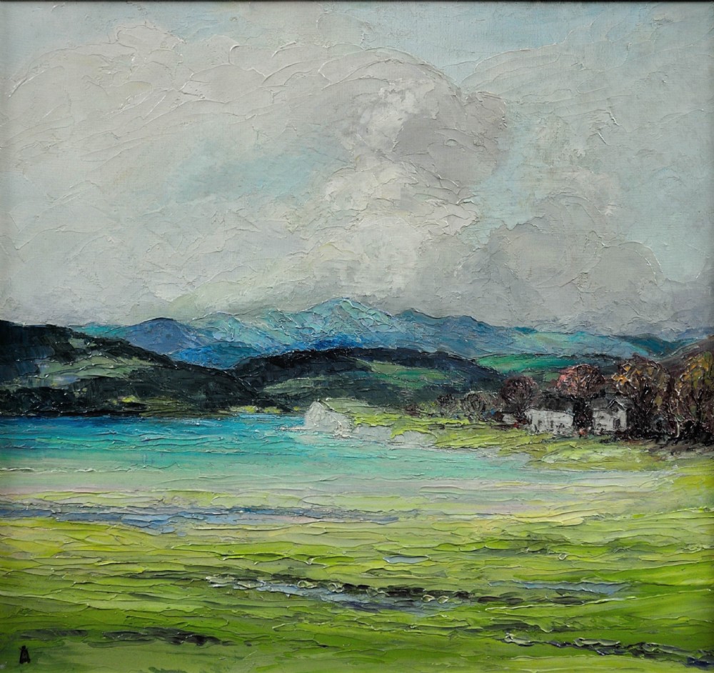 A square framed oil painting depicting a green countryside landscape and blue estuary under a cloudy sky. View II