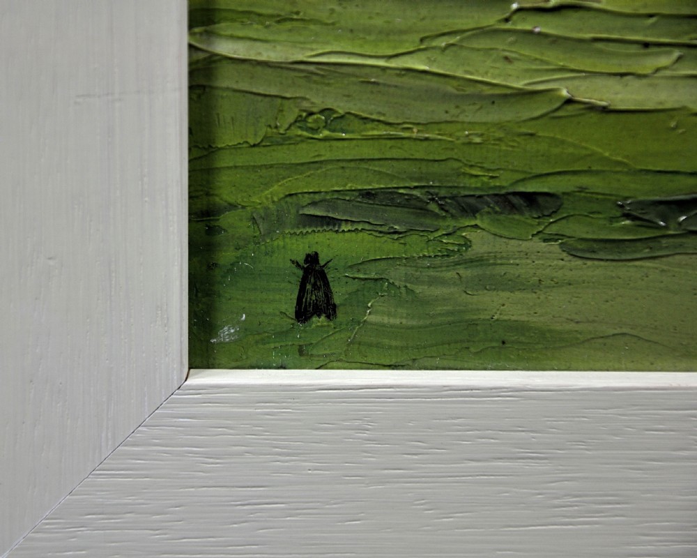 A square framed oil painting depicting a green countryside landscape and blue estuary under a cloudy sky. View III