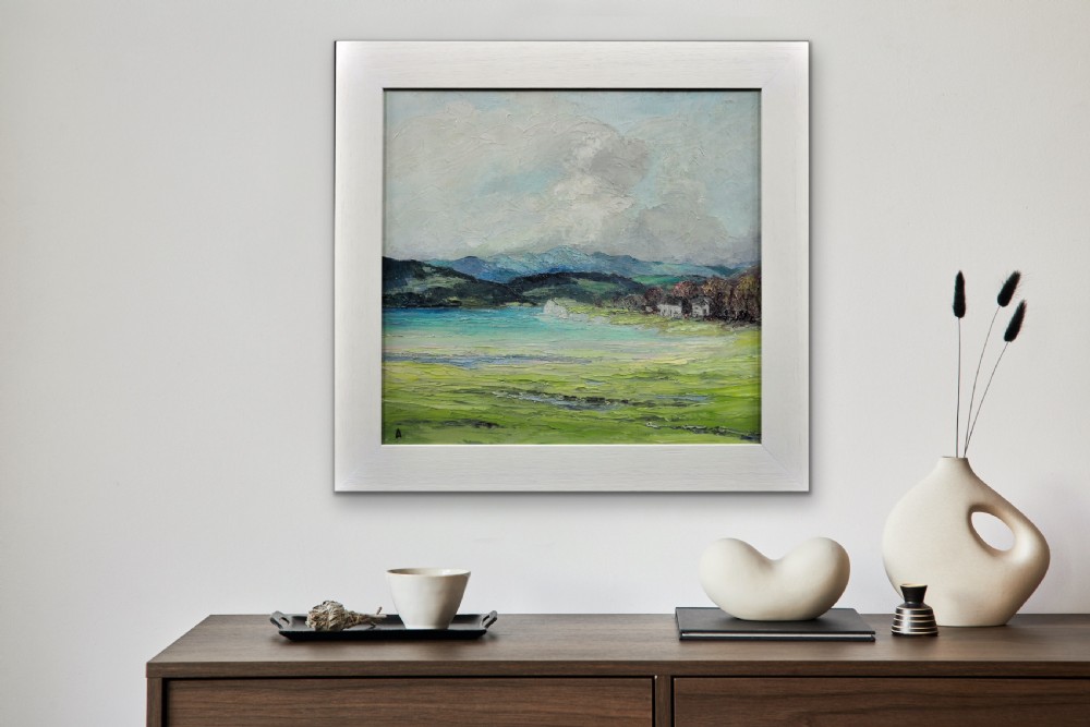 A square framed oil painting depicting a green countryside landscape and blue estuary under a cloudy sky. View XXVIII