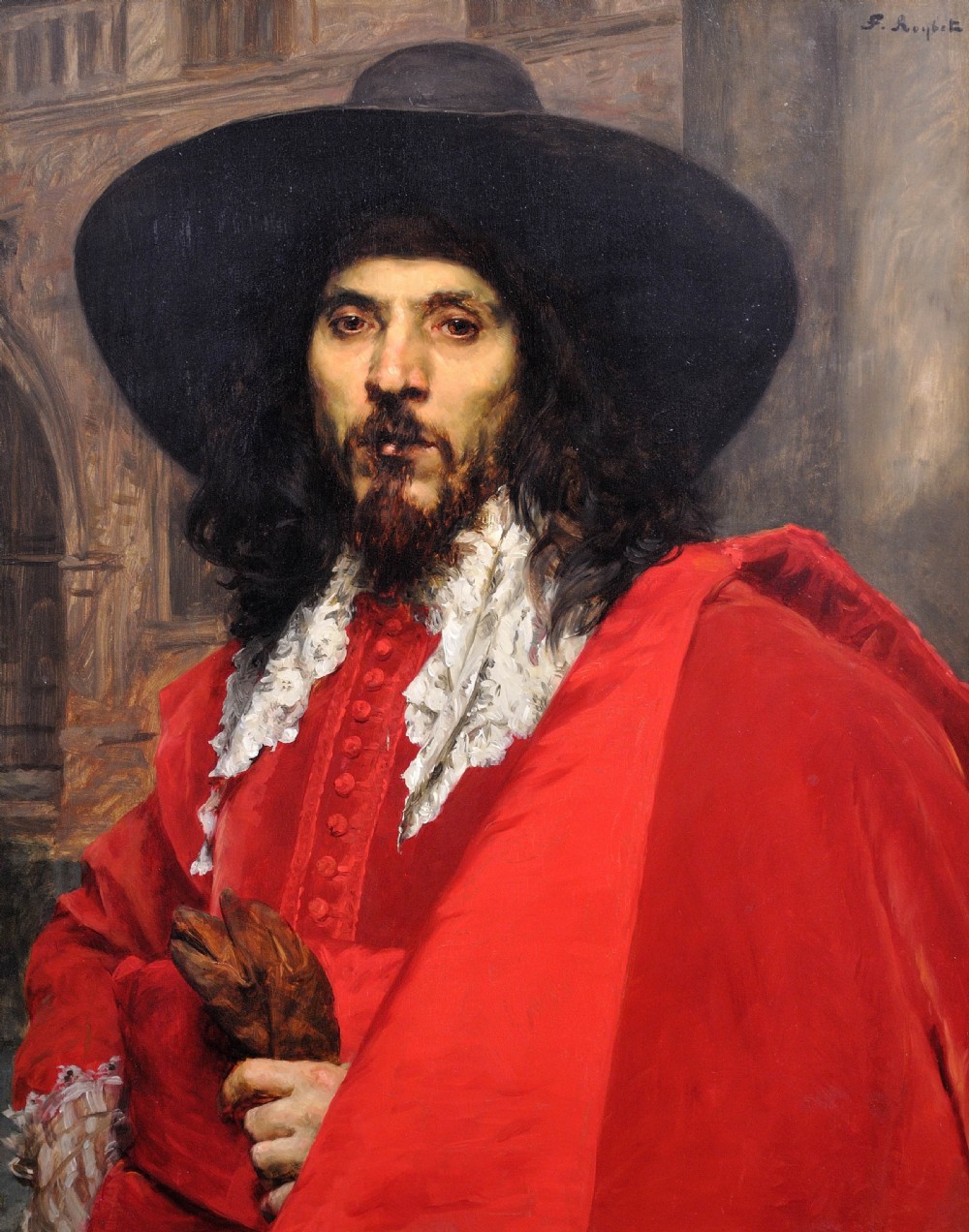 A 19th-century oil portrait of a dark-haired man in a black hat, lace collar, and red cloak within a gilded frame. View II