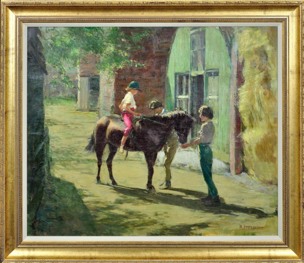 A framed mid-20th-century oil painting depicting a child riding a pony in a sunny stableyard beside two figures and a green barn door.