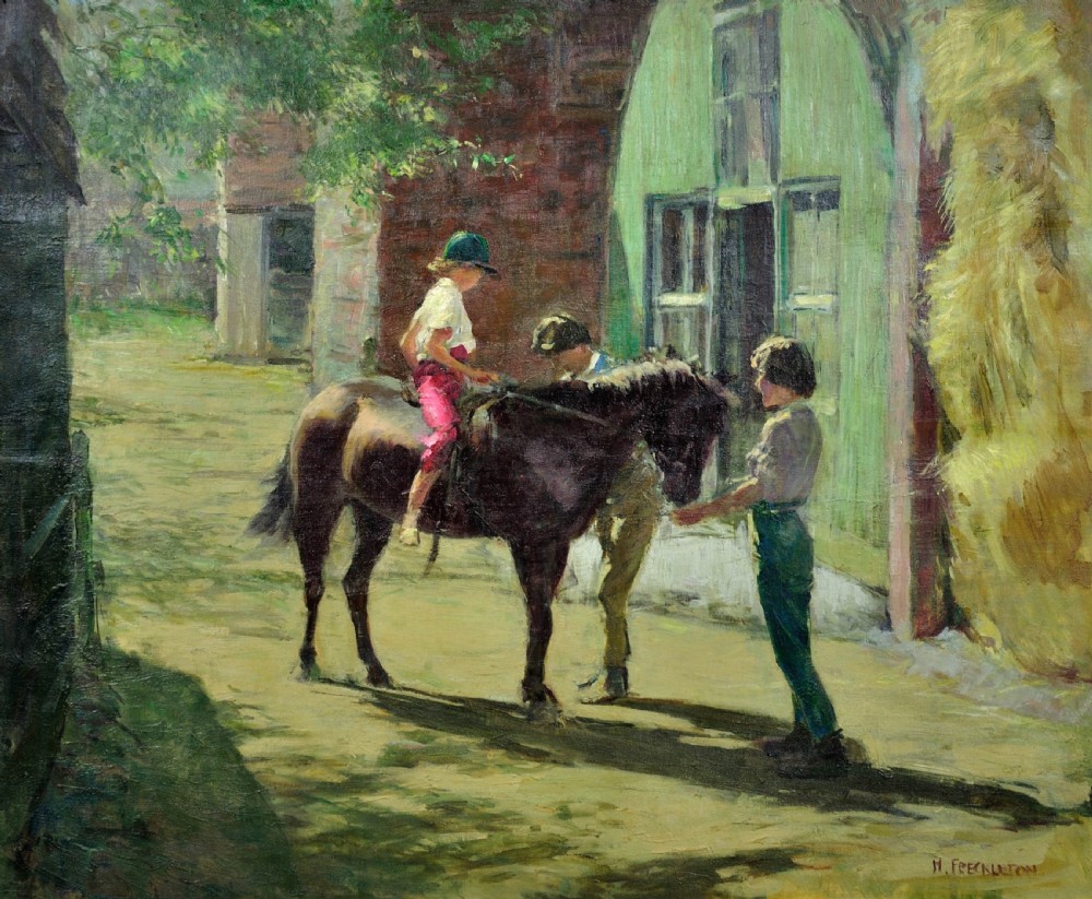 A framed mid-20th-century oil painting depicting a child riding a pony in a sunny stableyard beside two figures and a green barn door. View II