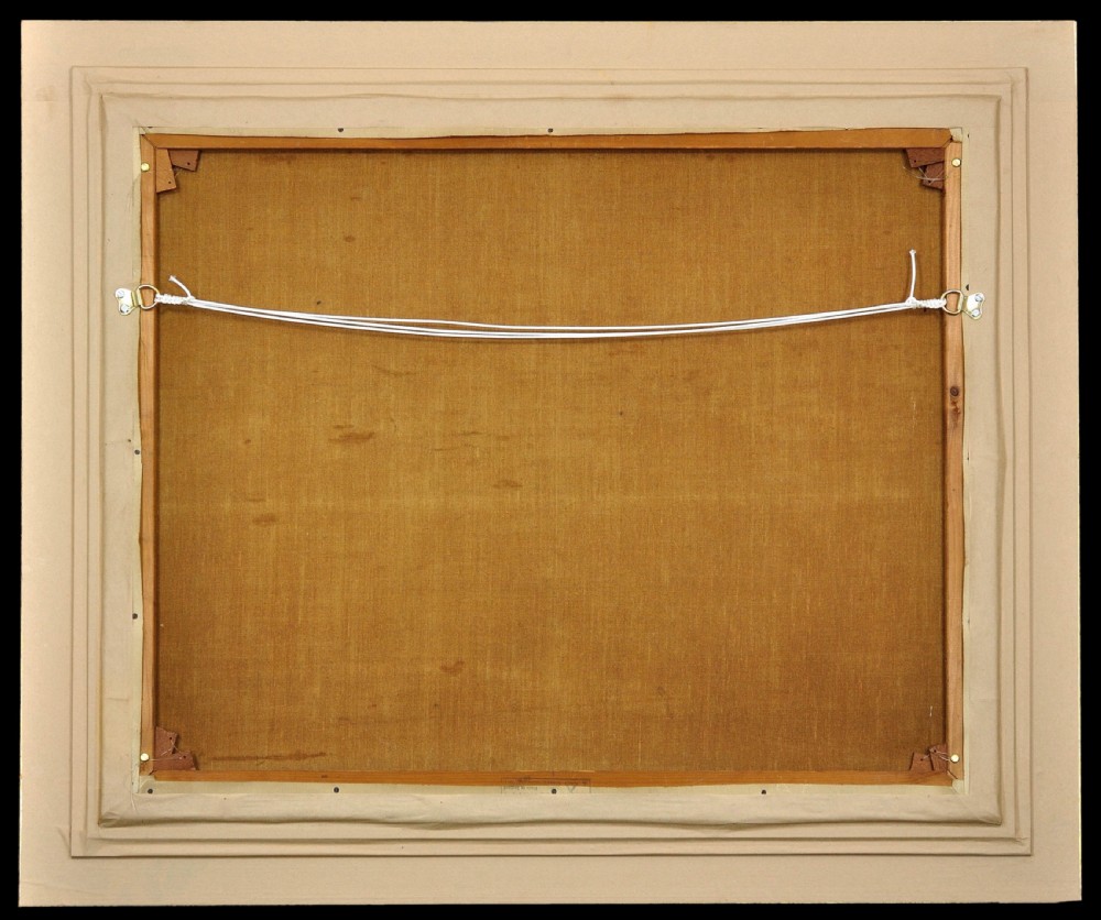 A framed mid-20th-century oil painting depicting a child riding a pony in a sunny stableyard beside two figures and a green barn door. View IV