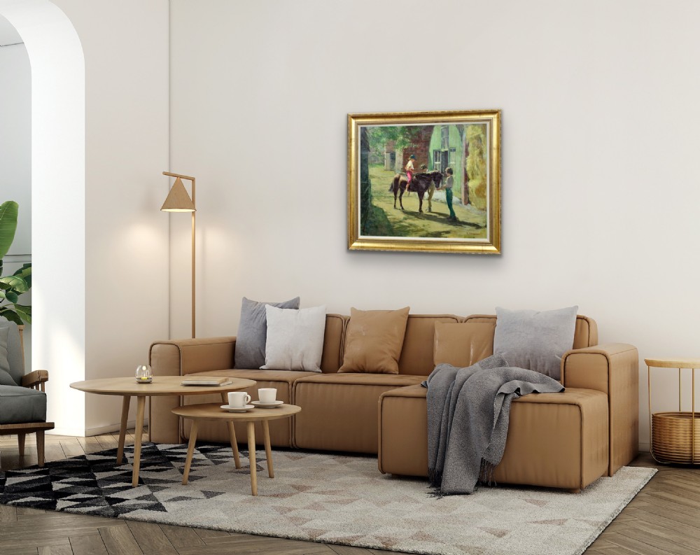 A framed mid-20th-century oil painting depicting a child riding a pony in a sunny stableyard beside two figures and a green barn door. View XXVI