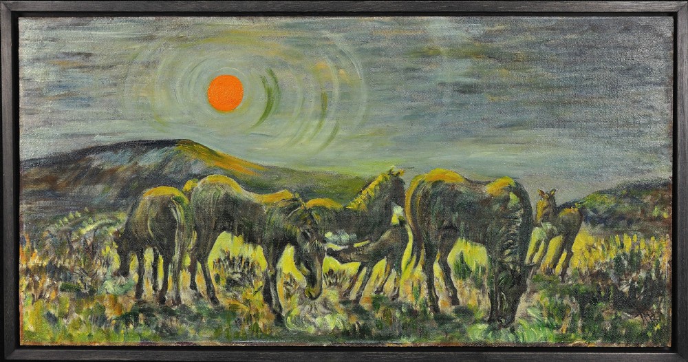 A framed mid-century oil painting depicting a herd of ponies grazing in a Welsh landscape under a swirling sky and bright orange sun.