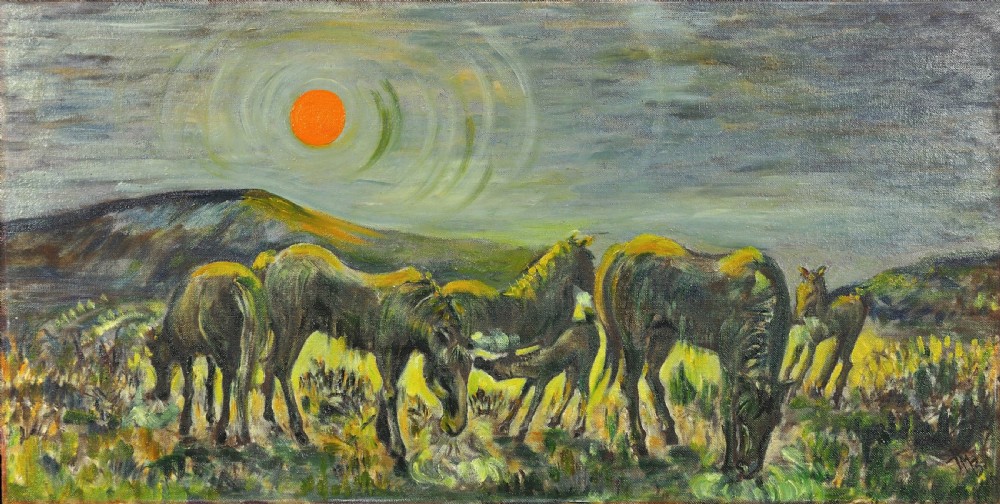 A framed mid-century oil painting depicting a herd of ponies grazing in a Welsh landscape under a swirling sky and bright orange sun. View II
