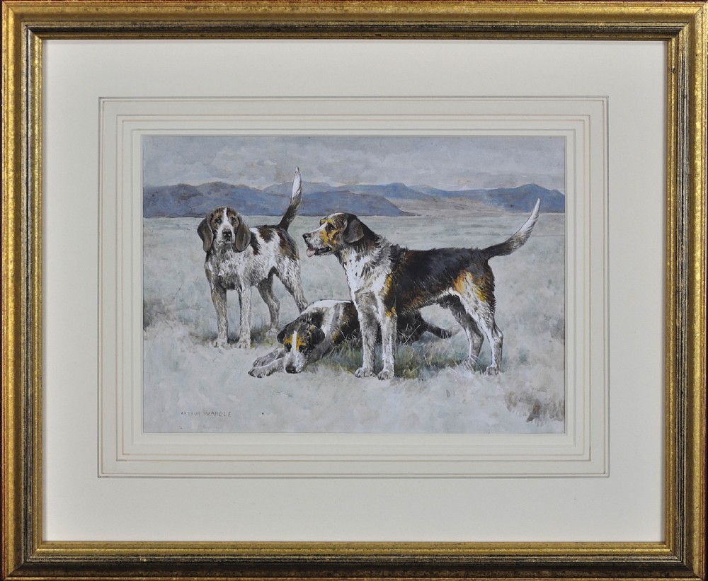 A framed watercolour painting by Arthur Wardle depicting three Welsh hounds in a wide landscape setting inside a gold gilt frame.