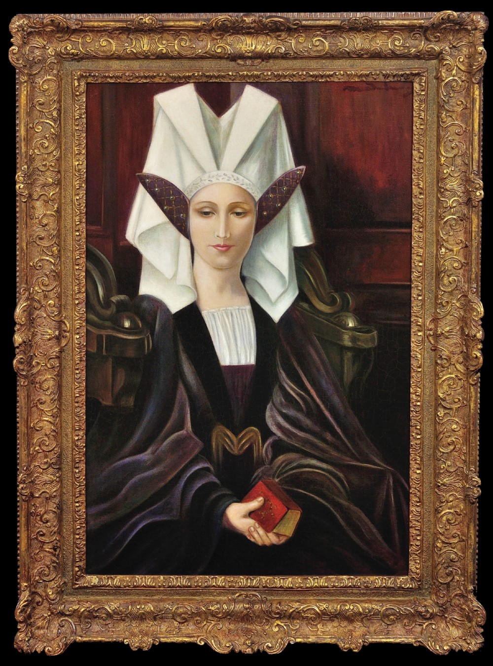 An antique oil painting depicting a woman wearing a white Breton coif and dark garment holding a red book inside a carved gold frame.