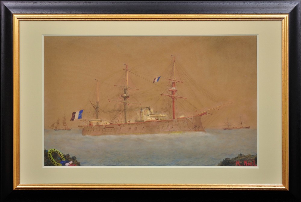 A framed early 20th-century gouache and watercolour painting depicting the French ironclad battleship Courbet at sea under a warm ochre sky.