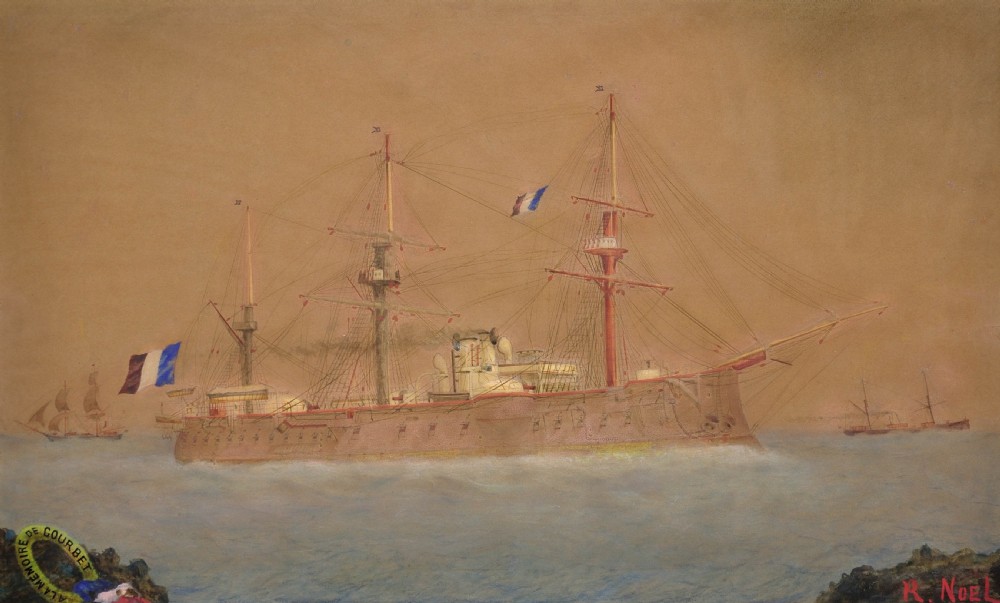 A framed early 20th-century gouache and watercolour painting depicting the French ironclad battleship Courbet at sea under a warm ochre sky. View II