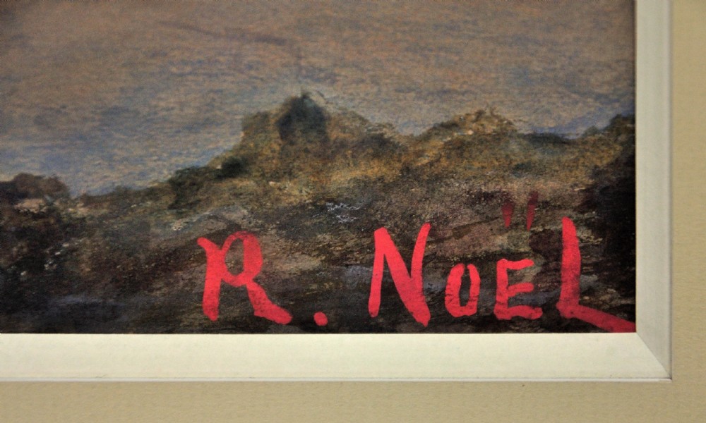 A framed early 20th-century gouache and watercolour painting depicting the French ironclad battleship Courbet at sea under a warm ochre sky. View III