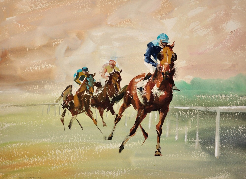 A framed mid-20th century watercolour and gouache painting depicting three jockeys riding racehorses at speed along a course. View II