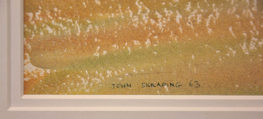 A framed mid-20th century watercolour and gouache painting depicting three jockeys riding racehorses at speed along a course. View III