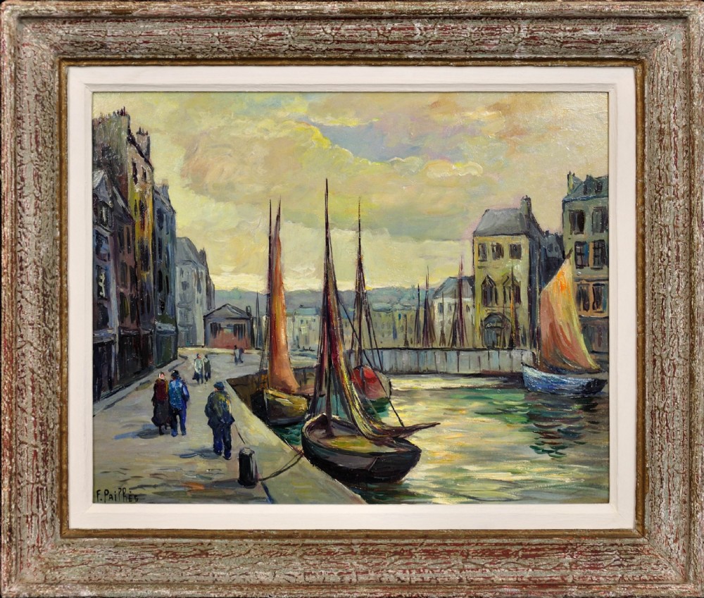 Mid-century French oil painting depicting boats moored at a harbour promenade, framed in a distressed grey wooden frame.