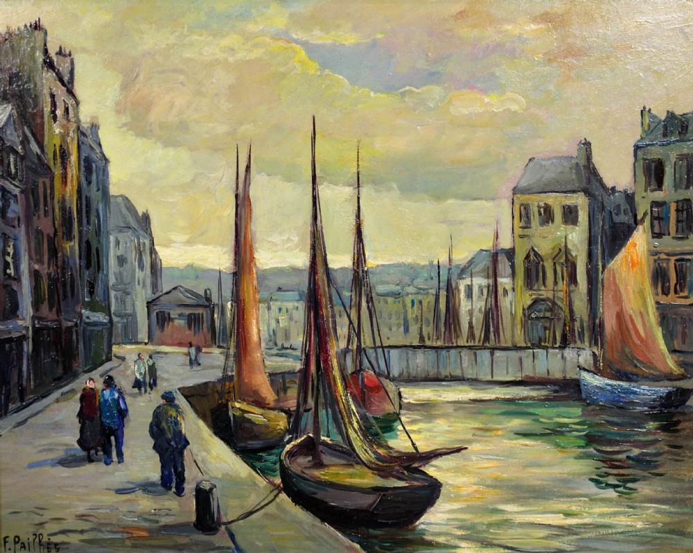 Mid-century French oil painting depicting boats moored at a harbour promenade, framed in a distressed grey wooden frame. View II