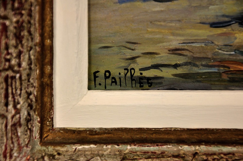 Mid-century French oil painting depicting boats moored at a harbour promenade, framed in a distressed grey wooden frame. View III