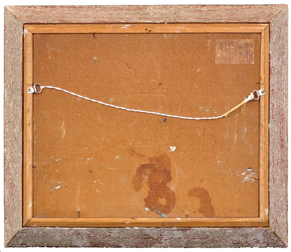 Mid-century French oil painting depicting boats moored at a harbour promenade, framed in a distressed grey wooden frame. View IV