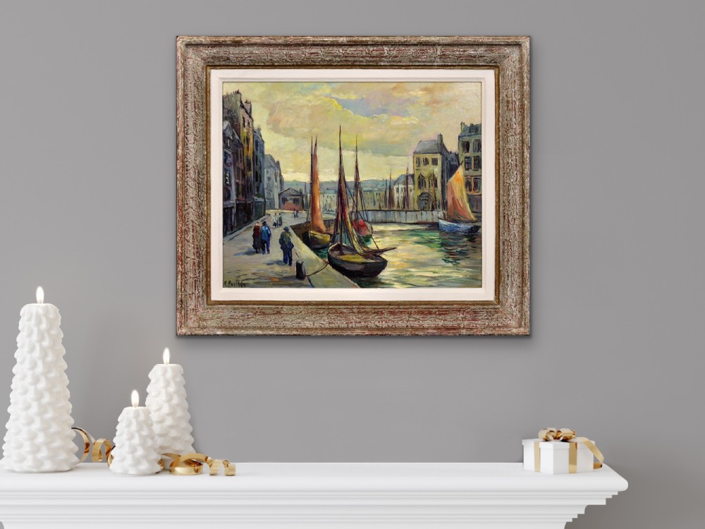 Mid-century French oil painting depicting boats moored at a harbour promenade, framed in a distressed grey wooden frame. View XIX