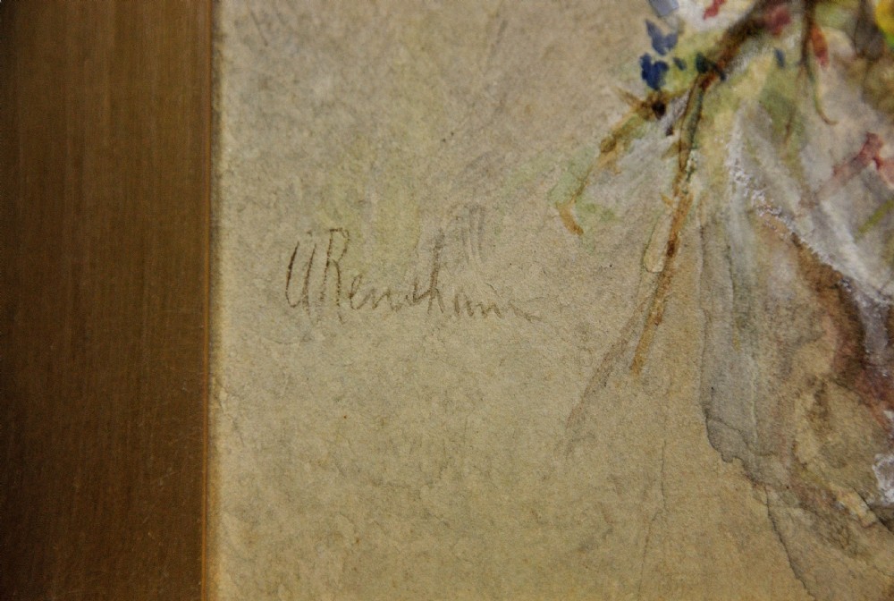 Victorian watercolour portrait of a young woman wearing a straw hat adorned with summer meadow flowers, presented in an ornate gilded frame. View III