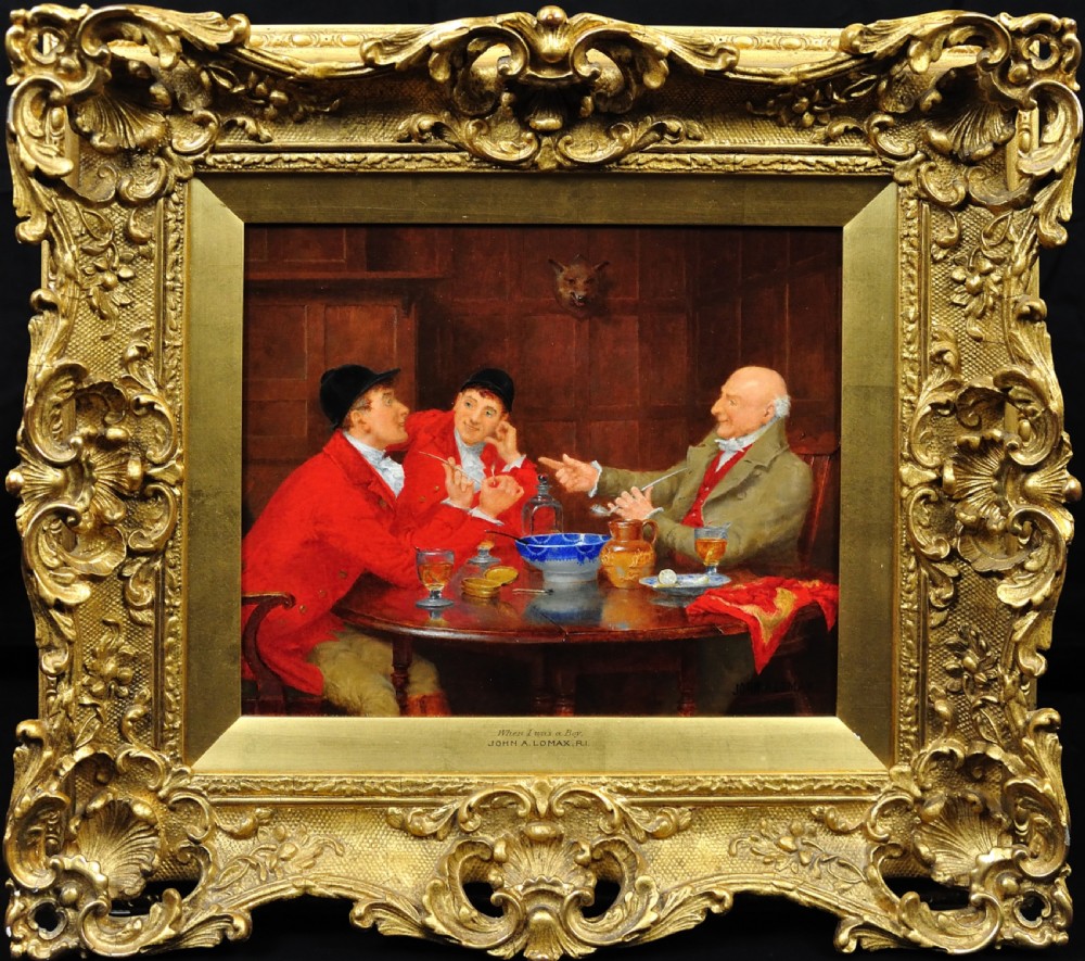 A Victorian oil painting depicting three figures seated around a table inside a dark wood-panelled room, displayed within an ornate carved giltwood frame.