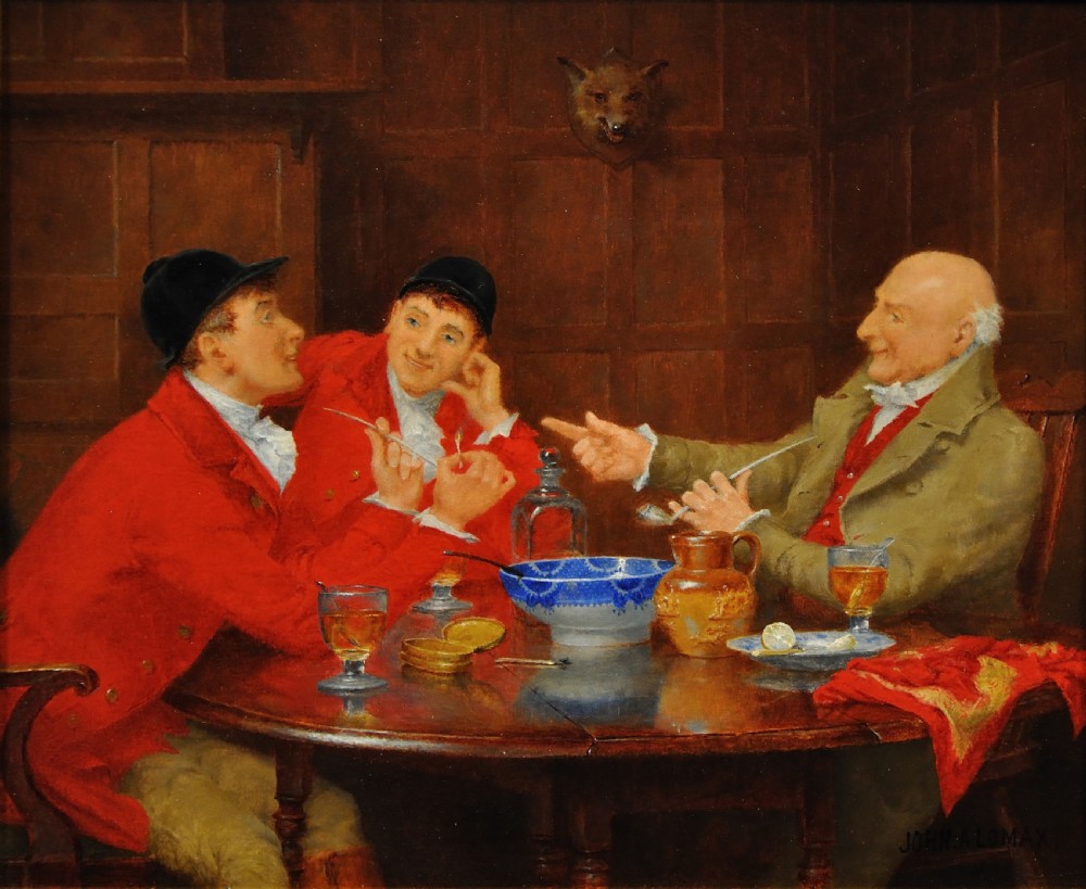 A Victorian oil painting depicting three figures seated around a table inside a dark wood-panelled room, displayed within an ornate carved giltwood frame. View II