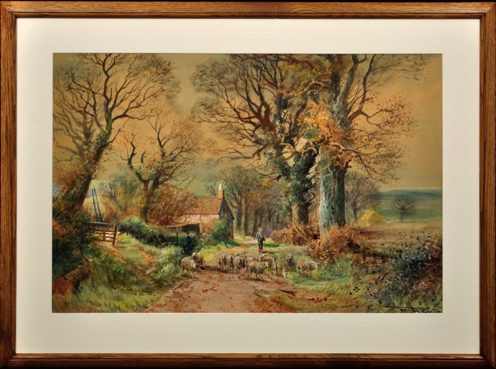 A framed watercolour painting depicting a shepherd guiding a flock of sheep along a dirt lane flanked by mature trees and a rural cottage.