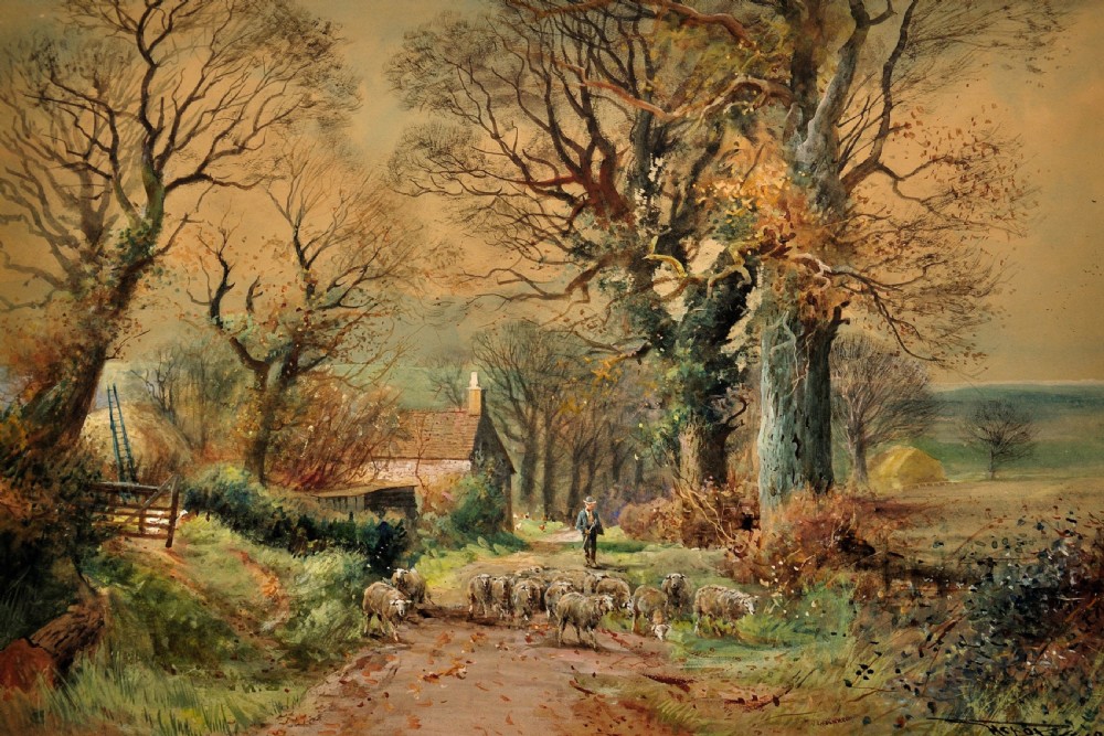 A framed watercolour painting depicting a shepherd guiding a flock of sheep along a dirt lane flanked by mature trees and a rural cottage. View II