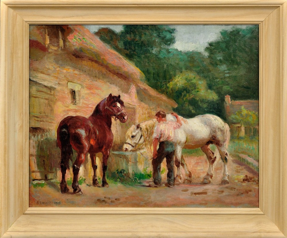 A framed oil painting depicting two working horses and a handler at a water trough outside a rustic brick barn.