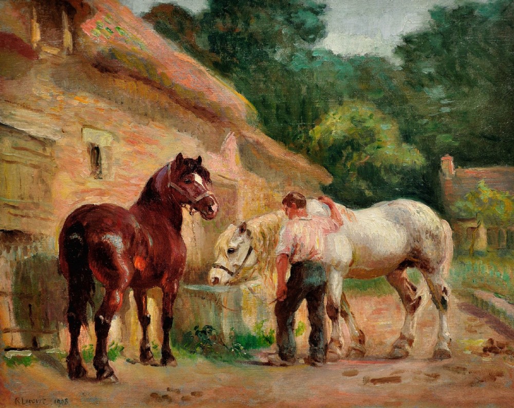 A framed oil painting depicting two working horses and a handler at a water trough outside a rustic brick barn. View II