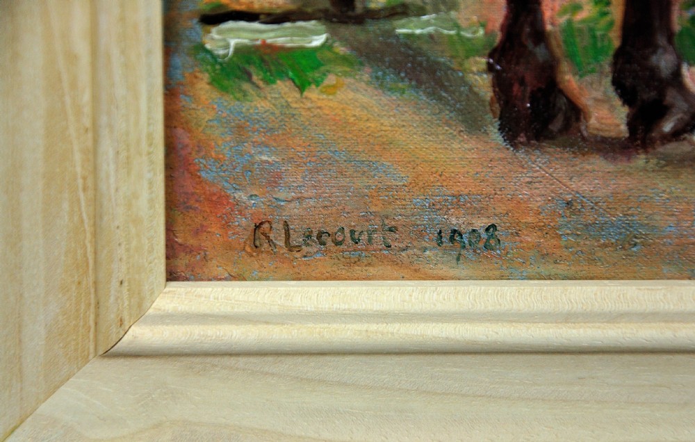 A framed oil painting depicting two working horses and a handler at a water trough outside a rustic brick barn. View III