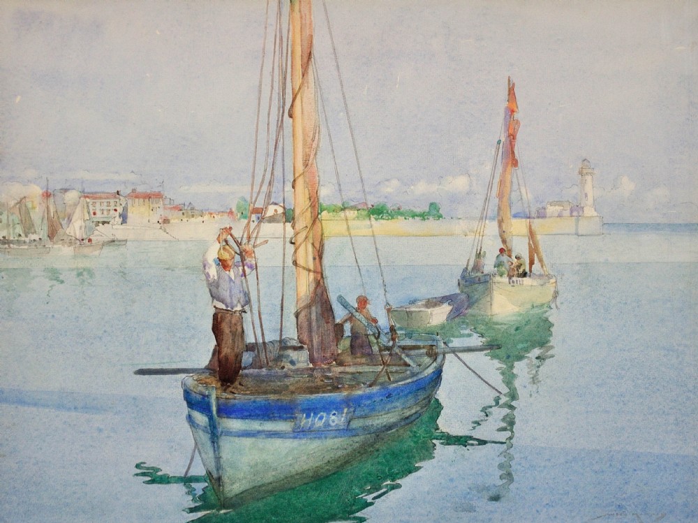 A framed watercolour painting depicting fishermen on blue wooden boats anchored in a still harbour with buildings and a lighthouse in the background. View II