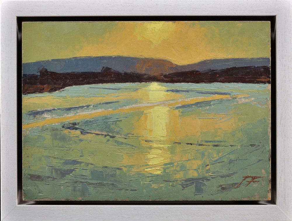 A framed mid-century impasto oil painting depicting Poole Harbour and the Purbeck Hills with light reflected on the water under a glowing sky.