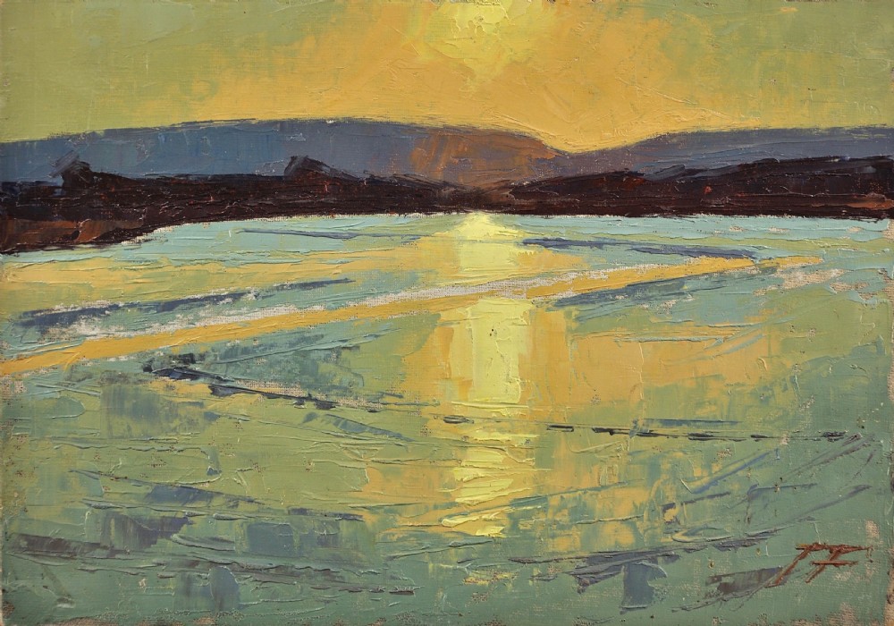 A framed mid-century impasto oil painting depicting Poole Harbour and the Purbeck Hills with light reflected on the water under a glowing sky. View II