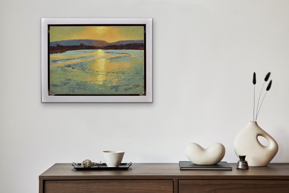 A framed mid-century impasto oil painting depicting Poole Harbour and the Purbeck Hills with light reflected on the water under a glowing sky. View XXX