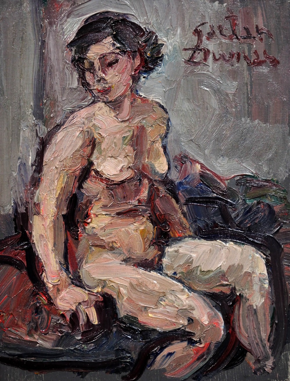 A framed 1930s French oil painting depicting a seated female nude rendered in impasto brushstrokes against a grey background inside a cream frame. View II