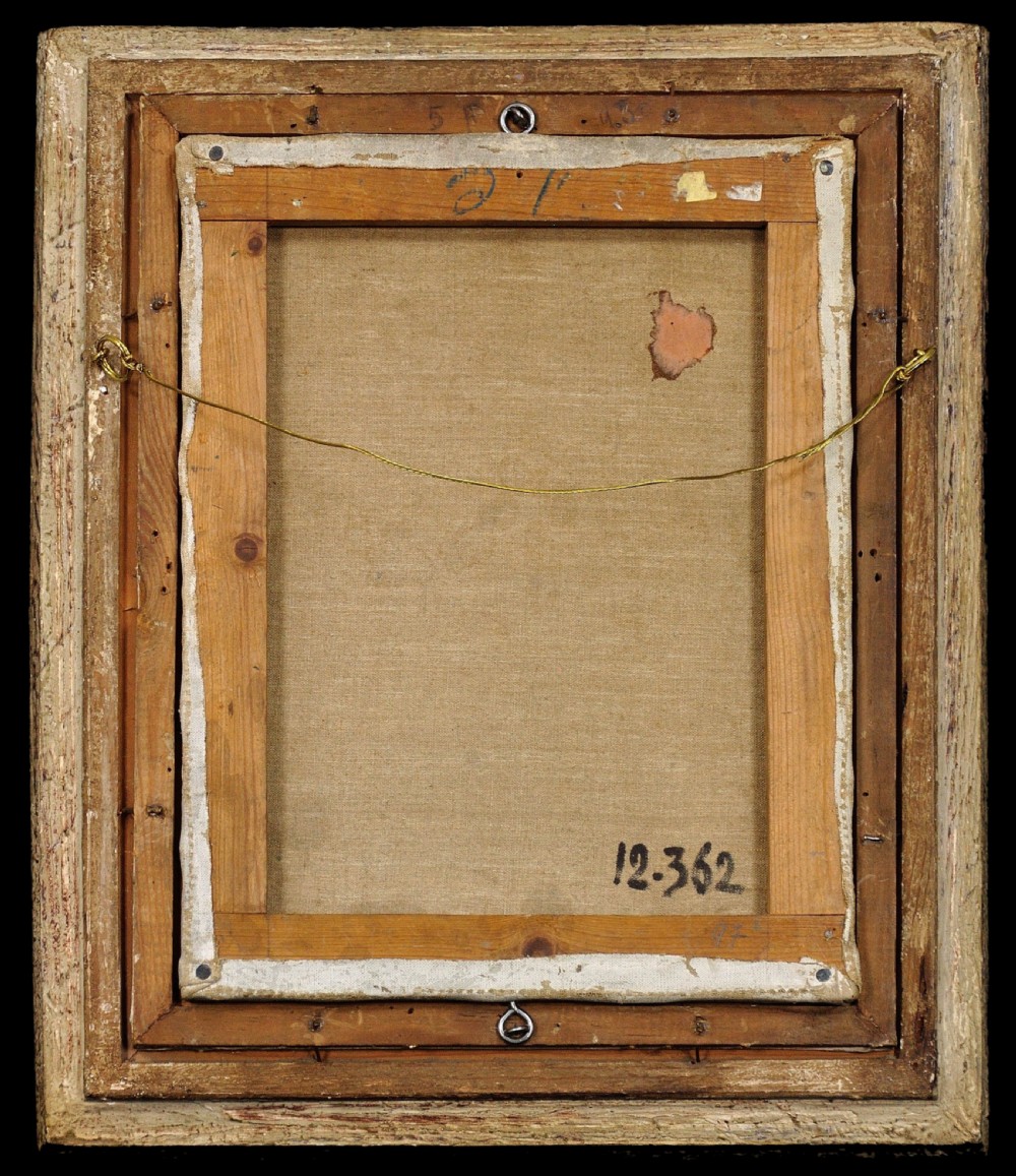 A framed 1930s French oil painting depicting a seated female nude rendered in impasto brushstrokes against a grey background inside a cream frame. View IV