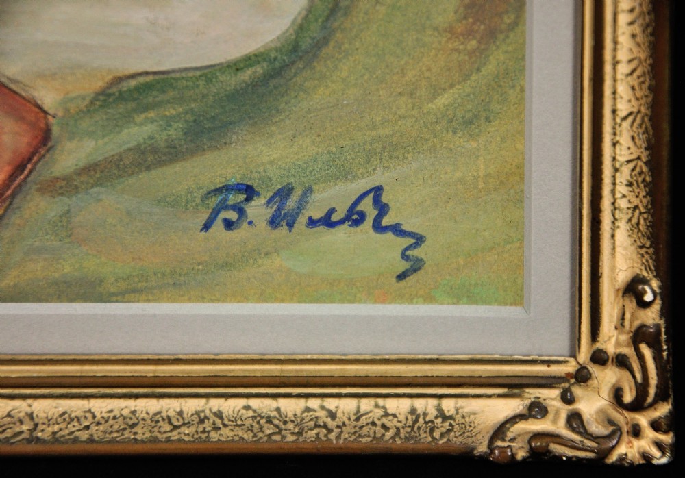 A framed Art Nouveau oil painting depicting two figures embracing within a soft green landscape. View III