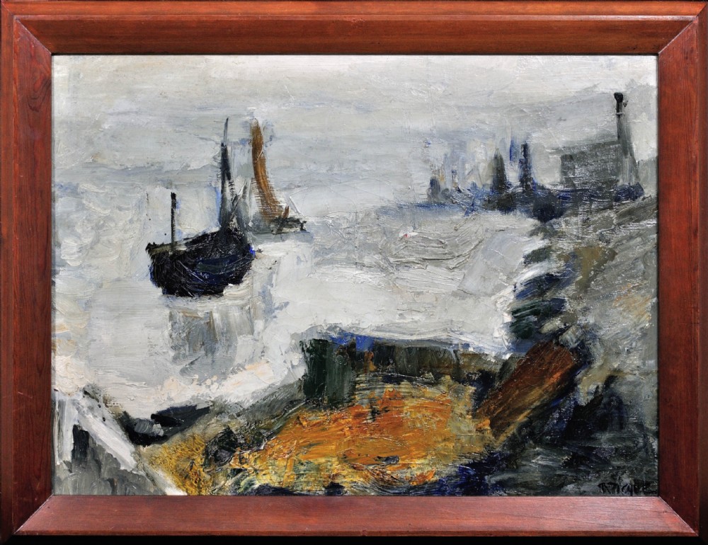 Framed mid-century oil painting on canvas depicting boats in a harbour using impasto brushwork in grey, ochre, and dark blue tones.