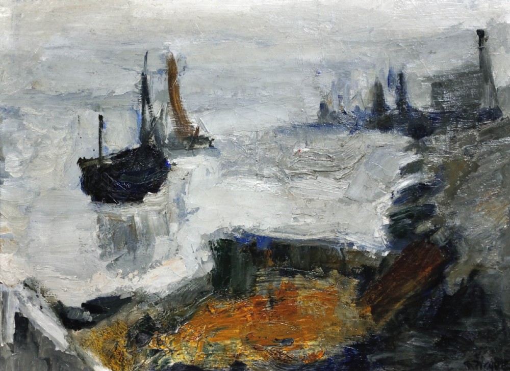 Framed mid-century oil painting on canvas depicting boats in a harbour using impasto brushwork in grey, ochre, and dark blue tones. View II