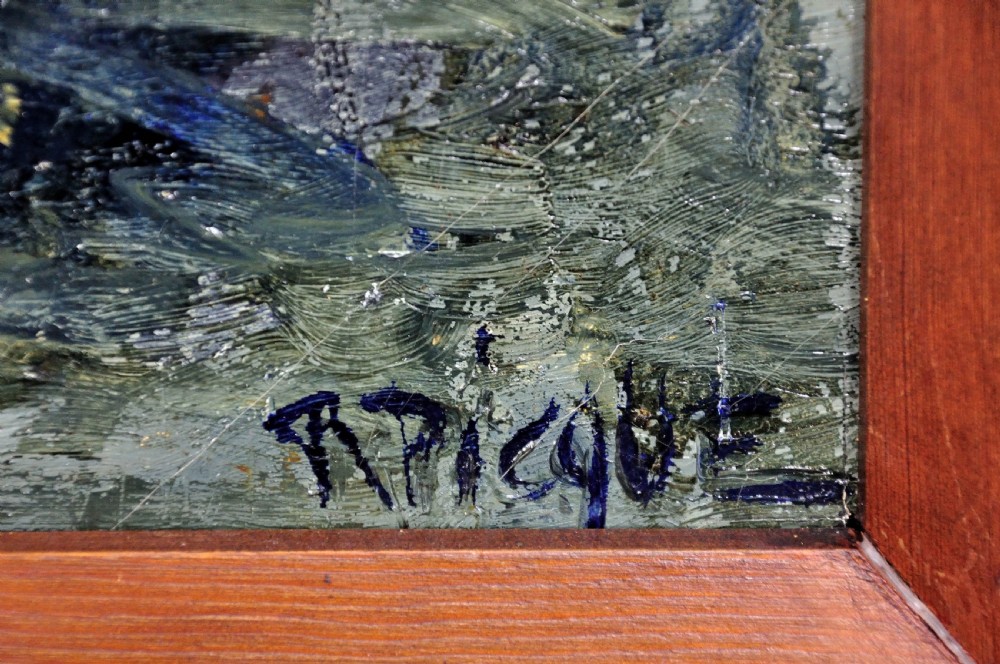 Framed mid-century oil painting on canvas depicting boats in a harbour using impasto brushwork in grey, ochre, and dark blue tones. View III