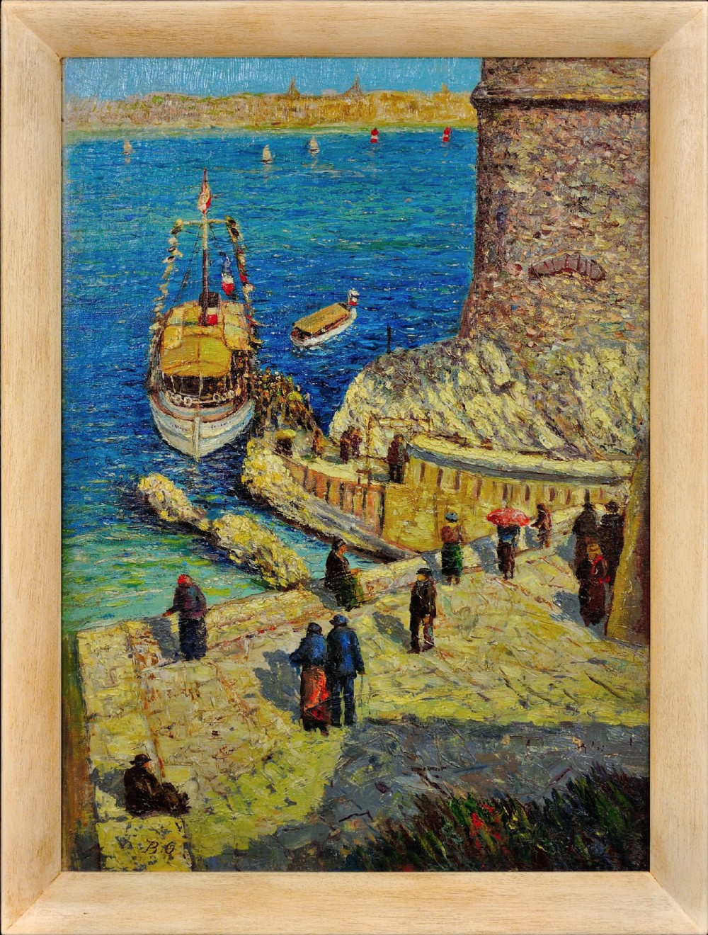 An oil painting depicting a blue coastal harbour with a docked boat near a stone quay, set within a light wood frame.