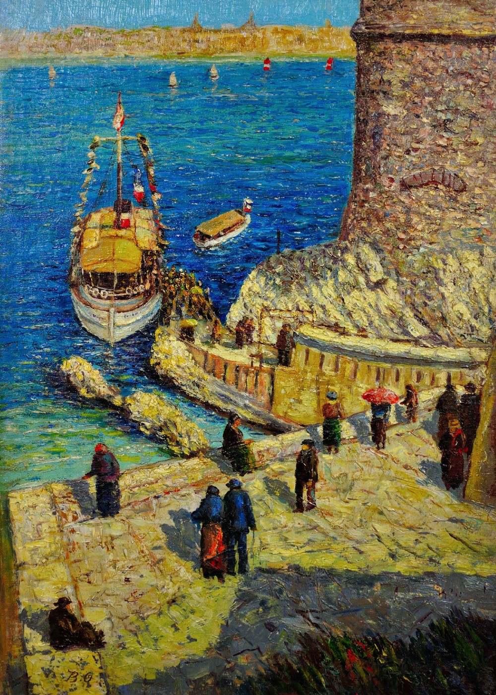 An oil painting depicting a blue coastal harbour with a docked boat near a stone quay, set within a light wood frame. View II